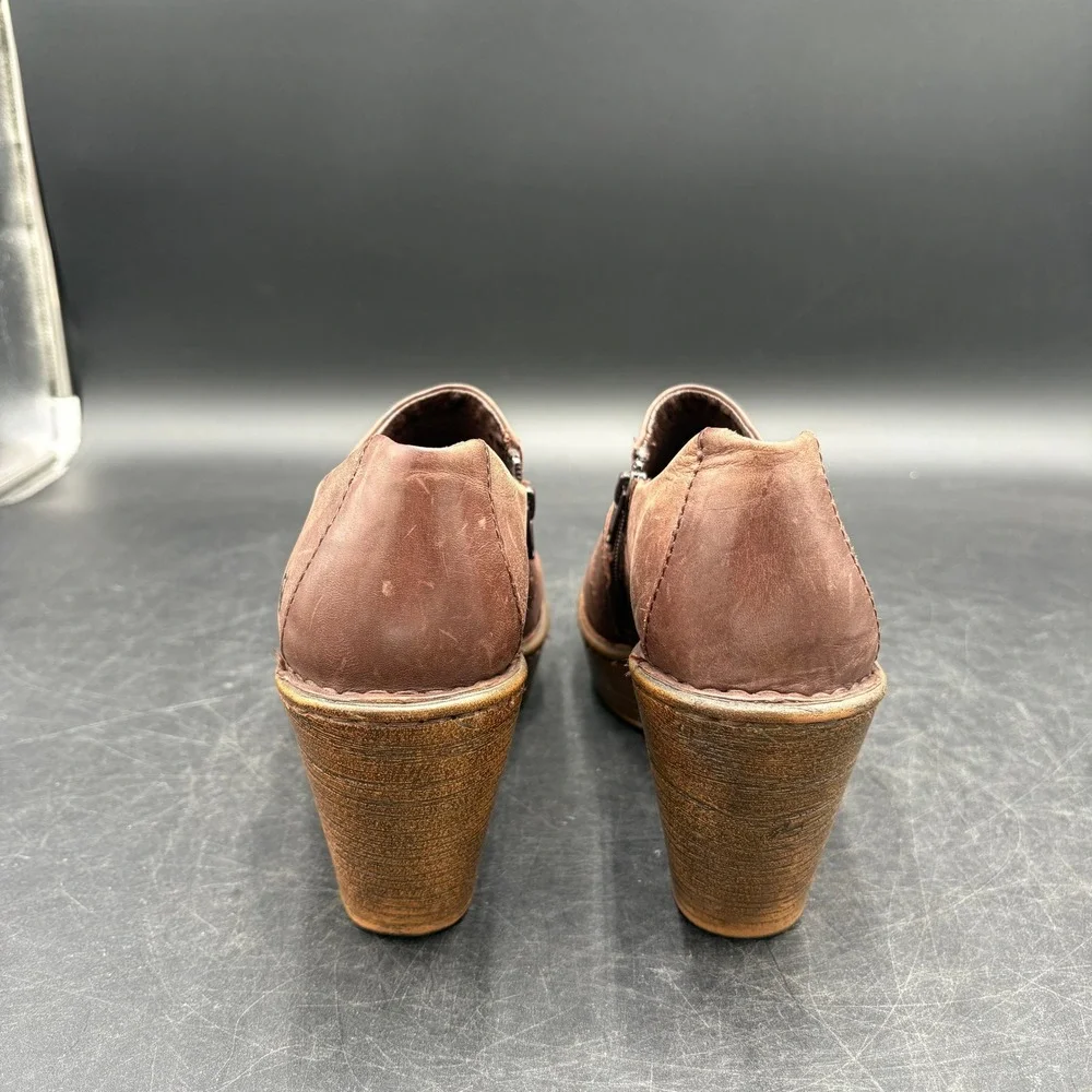 Born Brown Leather Platform Block Heel Booties Womens 10, Boho, Western Style